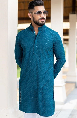 FOXDX Men Embellished Straight Kurta(Dark Blue)