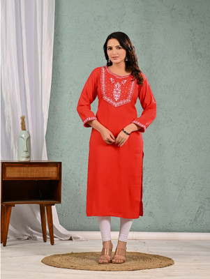 Ramkudi Women Embellished A-line Kurta(Orange)