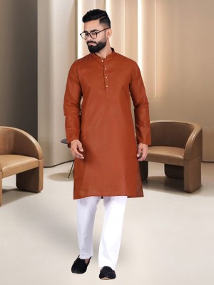 EthnicBasket Men Solid A-line Kurta(Brown)