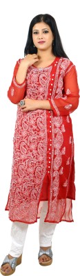 Fashion Chikan Art Women Chikan Embroidery Straight Kurta(Red)