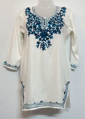 Bare Fangs Women Embroidered Straight Kurta(White, Blue)