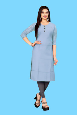 HOFC Women Solid Straight Kurta(Blue)