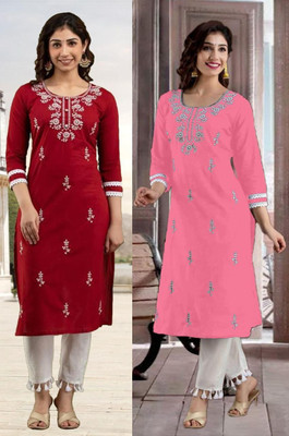 HouseOfCommon Women Chikan Embroidery Straight Kurta(Pink, Maroon)