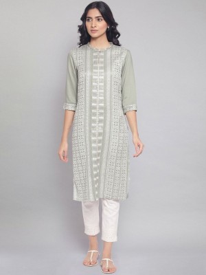 W Women Woven Design Straight Kurta(Green)