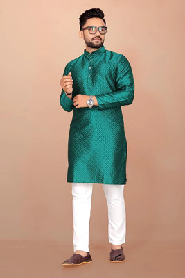 Adee Men Self Design Straight Kurta(Dark Green)