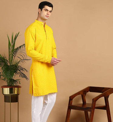 CHIRASVI Men Chikan Embroidery Straight Kurta(Yellow)