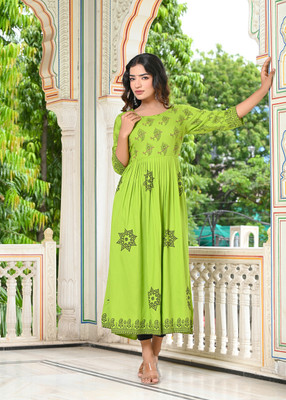 INDI INSIDE Women Block Print A-line Kurta(Green)