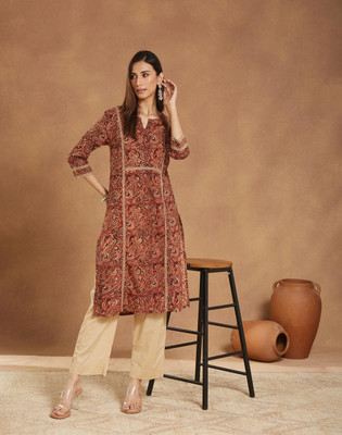 Fabindia Women Printed Straight Kurta(Maroon)