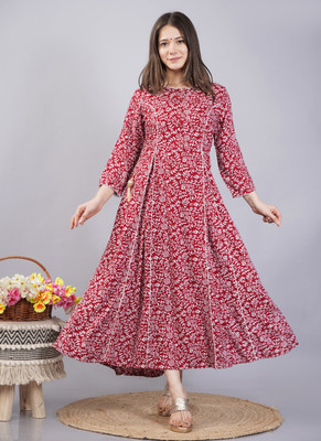 Malia Fashion Women Printed Anarkali Kurta(Maroon, White)