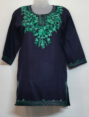 Bare Fangs Women Embroidered Straight Kurta(Dark Blue)