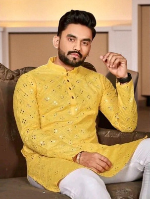 Bisswas Men Embroidered, Embellished Straight Kurta(Black)