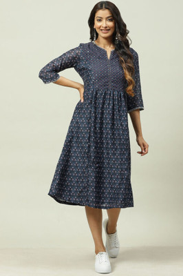 BIBA Women Printed Flared Kurta(Blue)