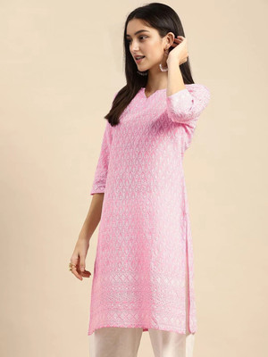 vestito Women Chikan Embroidery A-line Kurta(Pink)