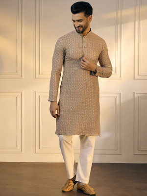 ANOUK Men Geometric Print Straight Kurta(Gold)