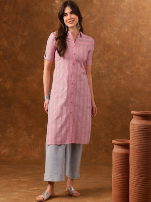 ANOUK Women Striped Straight Kurta(Pink)