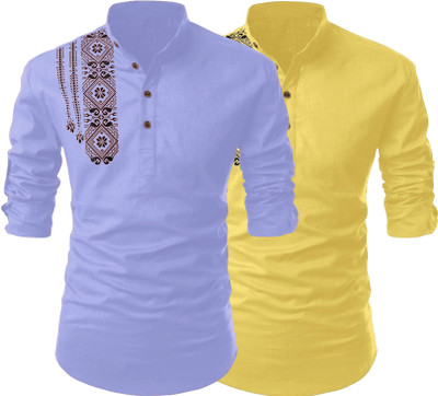 Kavyangle Creation Men Printed Straight Kurta(Blue, Yellow)