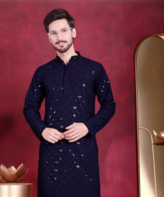 Jompers Men Embellished Straight Kurta(Light Blue)