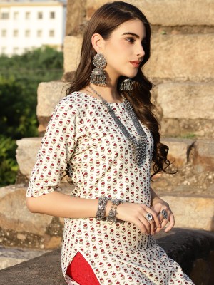 1 Stop Fashion Women Printed Straight Kurta(White)