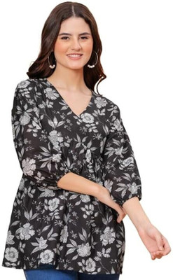 ANUSHIL Casual Floral Print Women Black, Grey Top