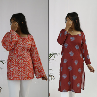aanzri Women Printed, Geometric Print, Paisley A-line Kurta(Multicolor, Pink)