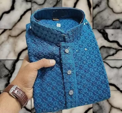 MANIMANN Men Chikan Embroidery Straight Kurta(Blue)