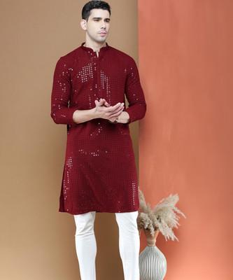 Sanwara Men Embellished Straight Kurta(Maroon)