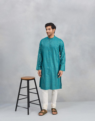 Fabindia Men Printed Straight Kurta(Blue)