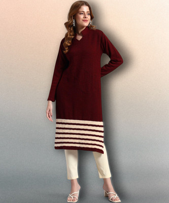 HEMLOCK Women Striped Straight Kurta(Maroon)