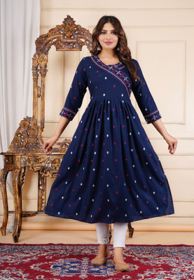 ASHRU Women Printed Flared Kurta(Blue)