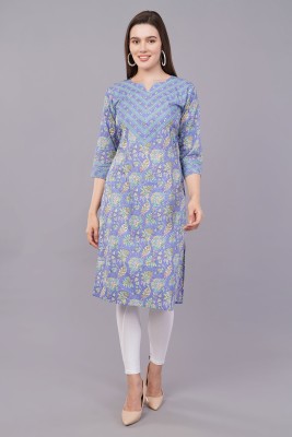 VBUYZ Women Floral Print Straight Kurta(Light Blue)