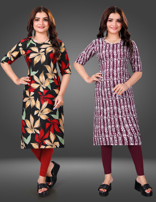 MOBHISA Women Printed Straight Kurta(Maroon)