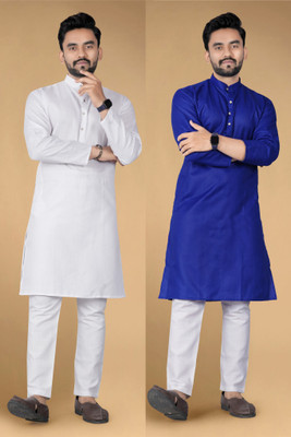 Ladyflock Men Self Design Straight Kurta(White, Dark Blue)