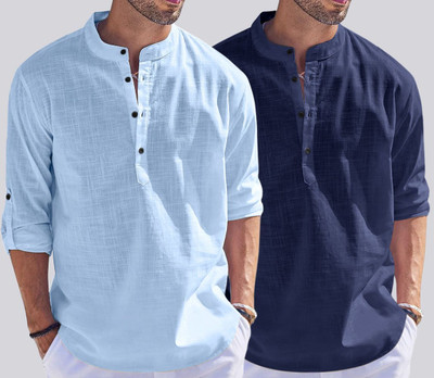 ZARTHA Men Solid Straight Kurta(Dark Blue, Light Blue)