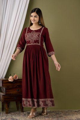 RRABA Women Embroidered A-line Kurta(Maroon)