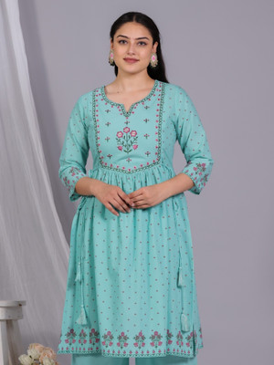 Aramya Women Embroidered A-line Kurta(Light Green)
