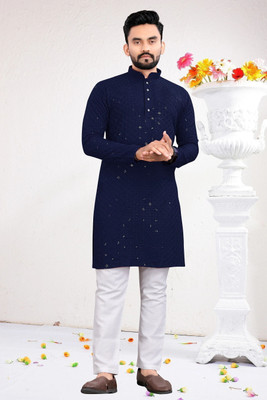 VALAKI Men Embroidered Straight Kurta(Blue)