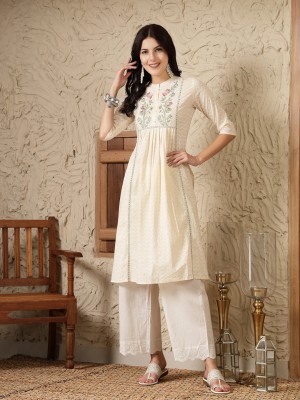 Stylum Women Self Design, Embroidered, Embellished A-line Kurta(White)