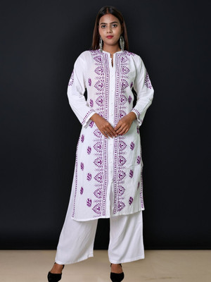 INDICRAFT Women Chikan Embroidery Frontslit Kurta(Purple)