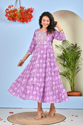 ABROR Women Printed Anarkali Kurta(Pink)