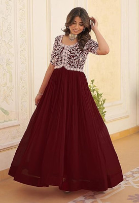 Lazzly Women Embroidered Gown Kurta(Maroon)
