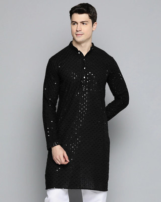 Sai Creation Men Chikan Embroidery Straight Kurta(Black)