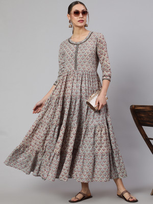 GLAM ROOTS Women Geometric Print Flared Kurta(Grey)