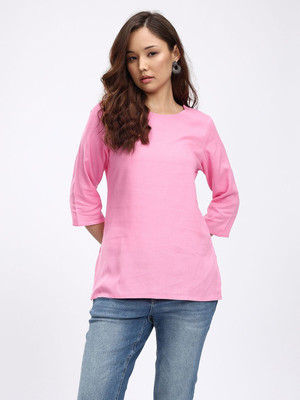 Anouk Rustic Women Solid A-line Kurta(Pink)