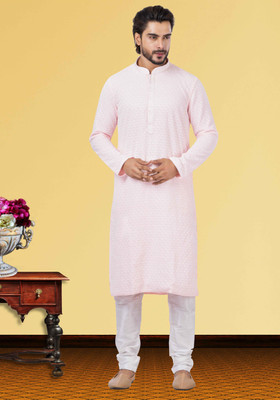 Metro Traders Men Abstract Straight Kurta(Pink)