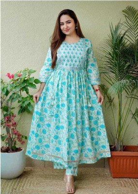 SAINIFASHION Women Printed Anarkali Kurta(Light Blue)