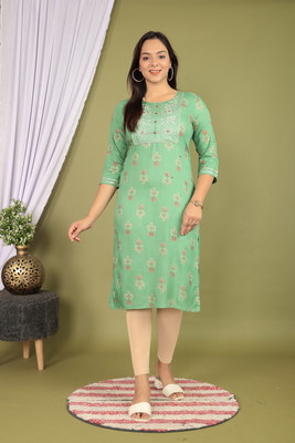 MMK Women Printed Straight Kurta(Green)