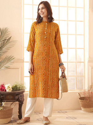 ANOUK Women Geometric Print Straight Kurta(Yellow)