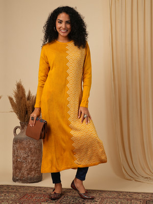 Globus Women Geometric Print Straight Kurta(Yellow)