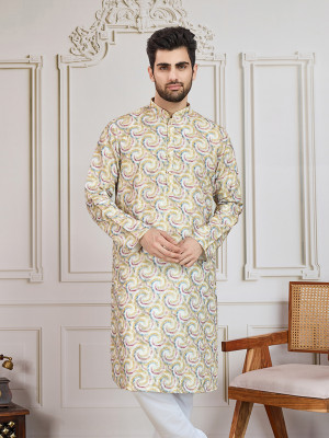 House of Pataudi Men Floral Print Ethnic Dress Kurta(Yellow)