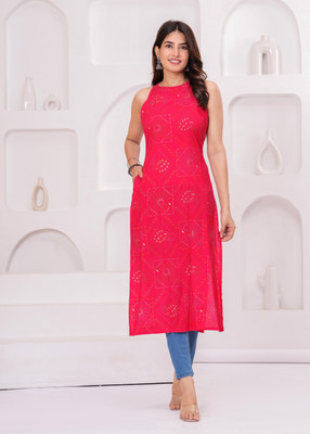 MEERANSHI LIVING Women Embellished Straight Kurta(Pink)